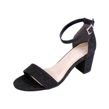 Floral Adele Women's Wide Width Satin Glitter Block Heel Ankle Strap Sandals